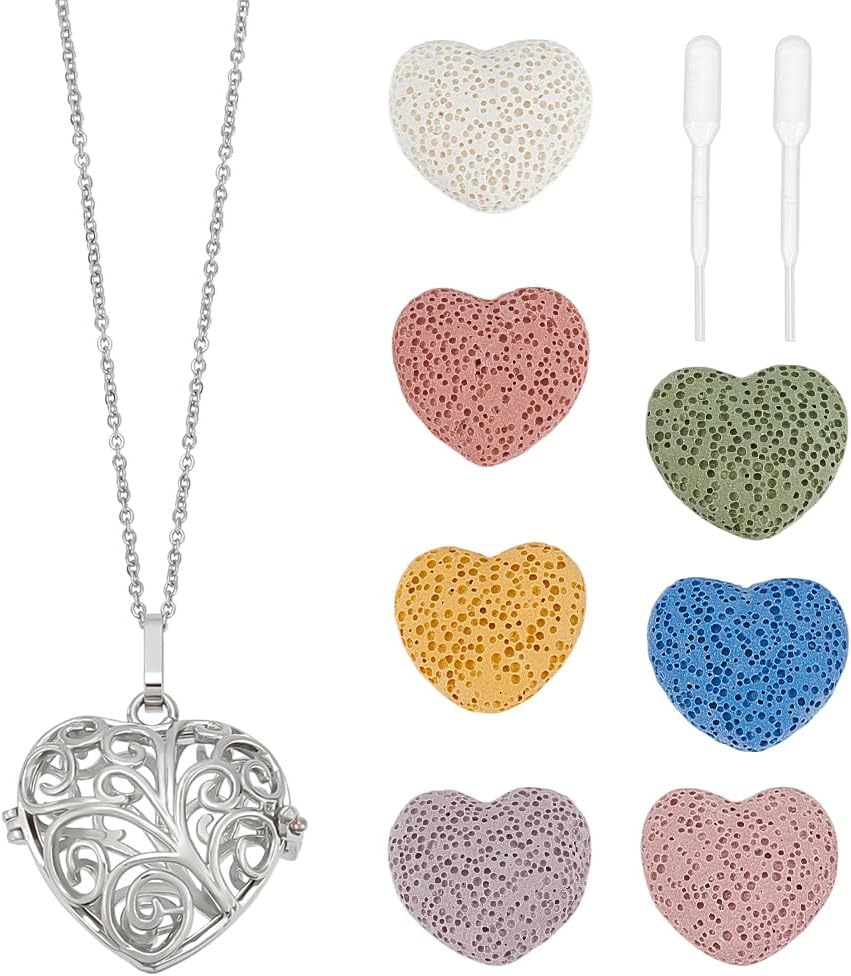 Aromatherapy Essential Oil Diffuser Necklaces Love Heart Hollow Locket Pendant Necklace Tree of Life Pattern Locket Pendant Scent Necklace with 7 Lava Rocks Stones for Men Women Gifts