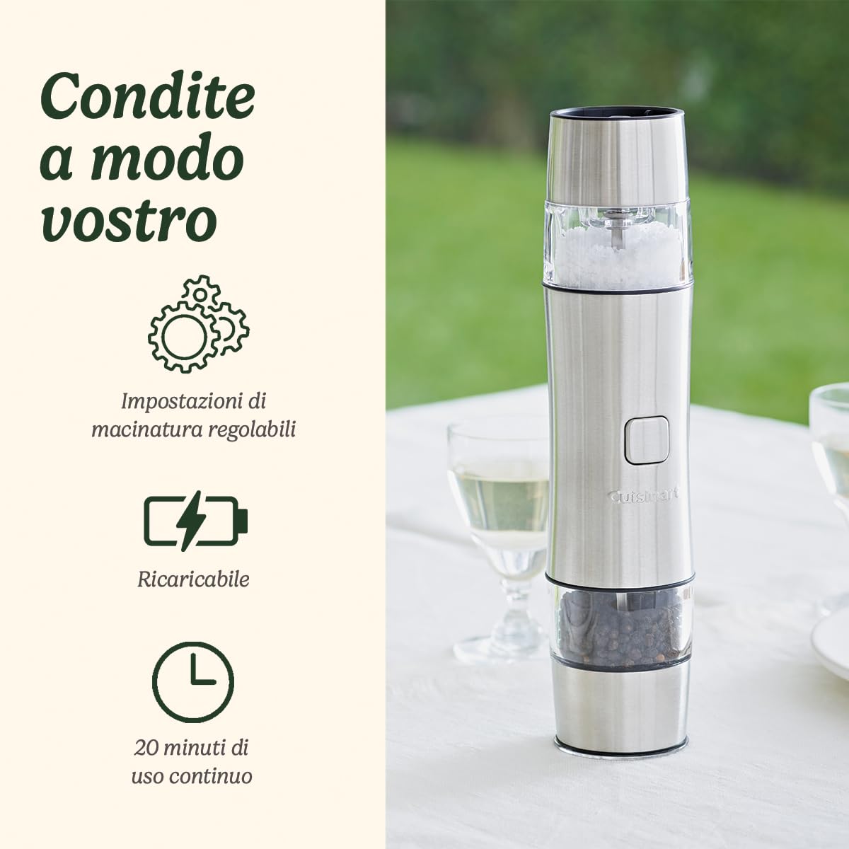 Cuisinart SG6SE - Macina Sale& Pepe Ricaricabile, Base di Apoggio e Ricarica, Diversi Gradi di Macinazione, Lame in Ceramica, Pearl, Grigio perla