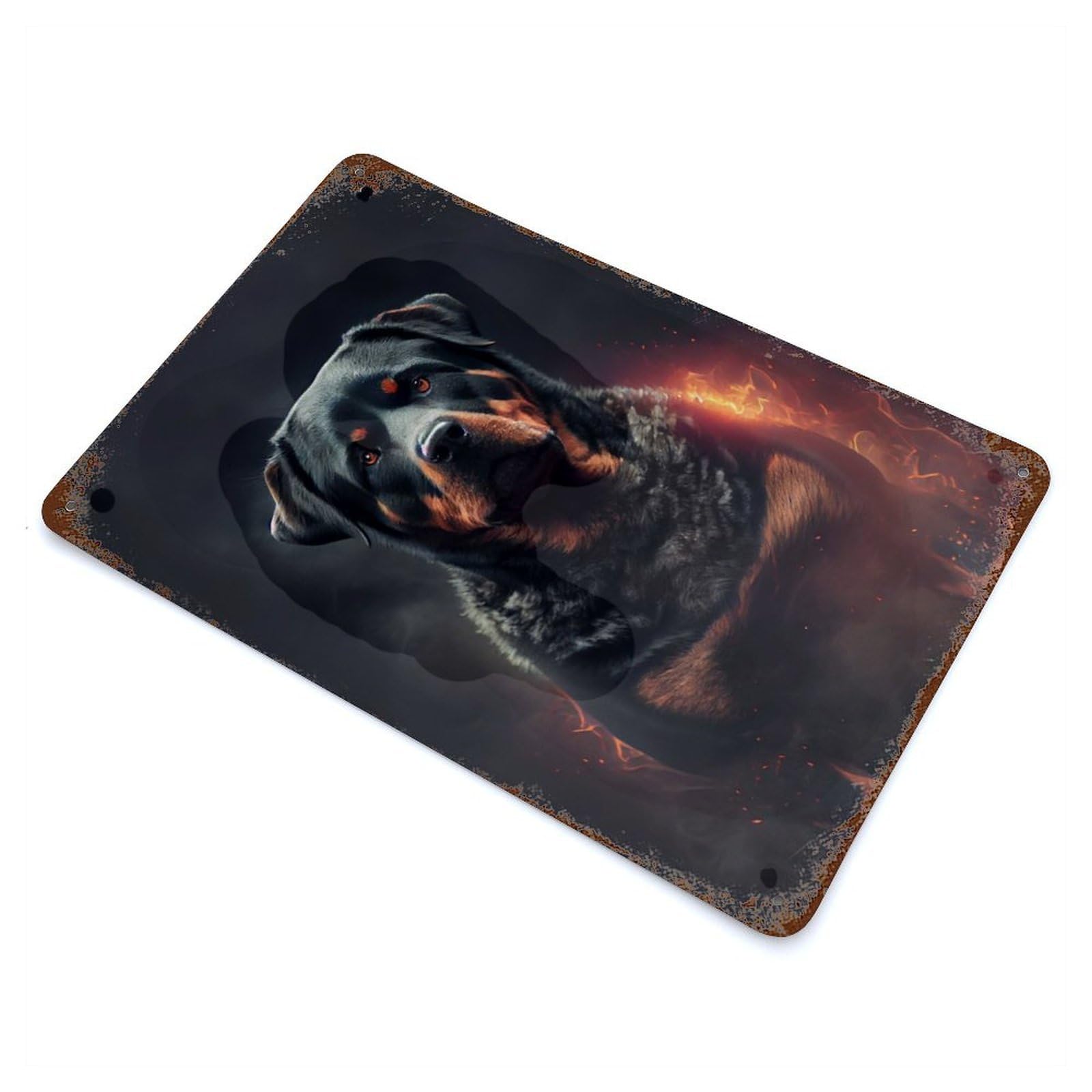 Rottweiler Fire Rust Effect Tin Sign 11.8"x7.9", Industrial Home Decor for Bistro, Counter And Cafe Decor