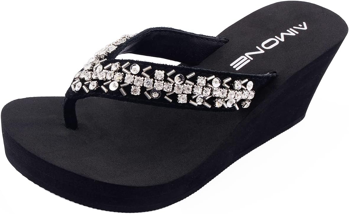 AIMONE-Appoline Wedge Flip Flop Sandals for Women Black Platform Sparkle Flip Flops Ladies Dressy Shoes(8 B(M) US,Silvery)