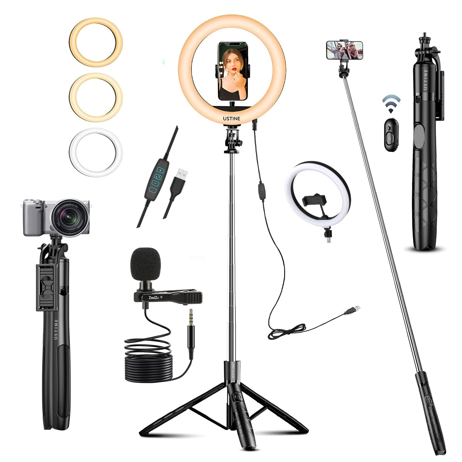 USTINE® Youtuber Kit | 10" Ring Light | Imported mic | Extra-Long MagStick X7 Selfie Stick with Large Reinforced Tripod Upto 67 inch/170 cm, BT Remote, Fb Videos, Reels,-image-1