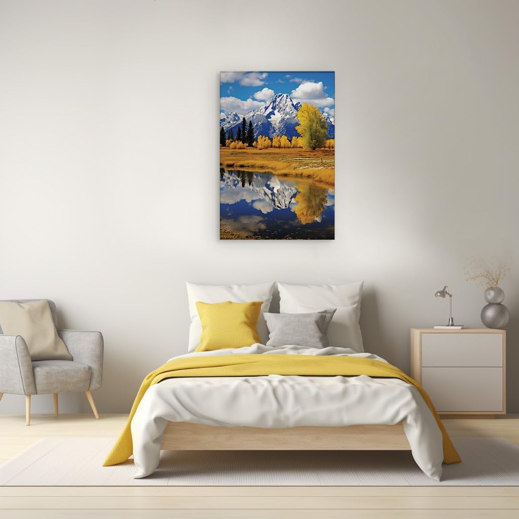Canvas for Living room. Reflective Waters and the Majesty of Snow-Capped Peaks in Autumn's Embrace, 27 x 18 inch Canvas Wall Art - Contemporary Masterpieces - Modern Home Decor - 69x46 cm (27x18 inch)