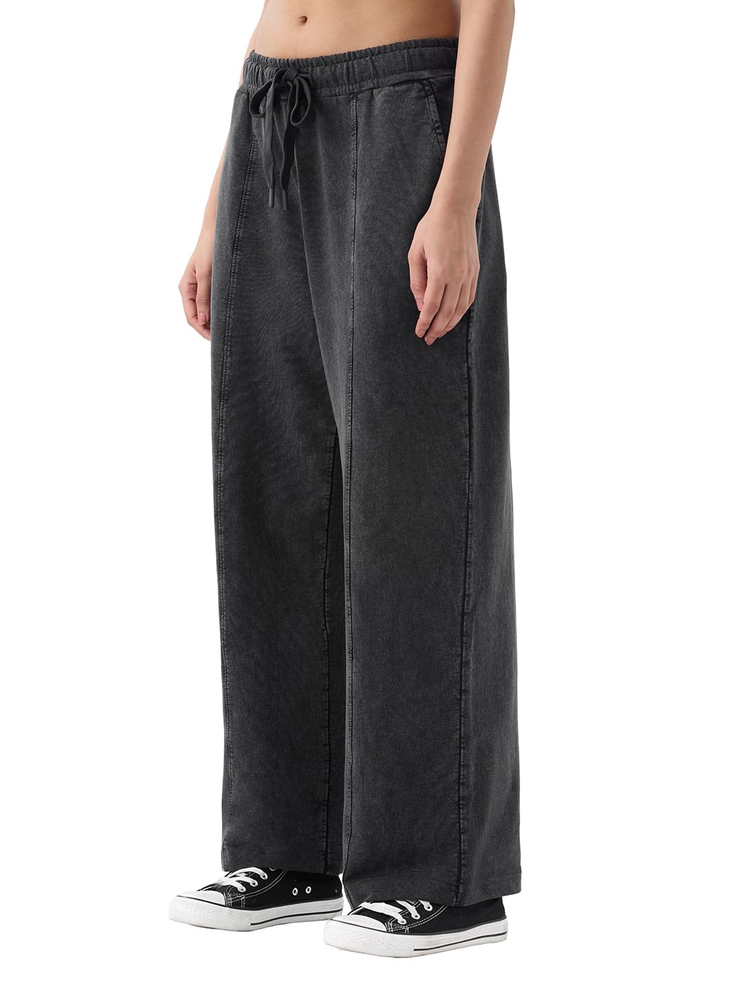 The Souled Store Solids: Charcoal Grey Women and Girls Elastic Waistband Vintage Wash Cotton Baggy Fit Relaxed Oversized Streetwear Lounge Joggers-picture-17