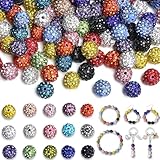 QINJIEJIE 100pcs Rhinestone Beads for Jewelry Making, Baseball Beads, 10mm Beads 10 Mixed Colors Glitter Diamond Beads Bulk, Round Disco Ball Beads Bulk for Bracelet Baseball Necklace Craft