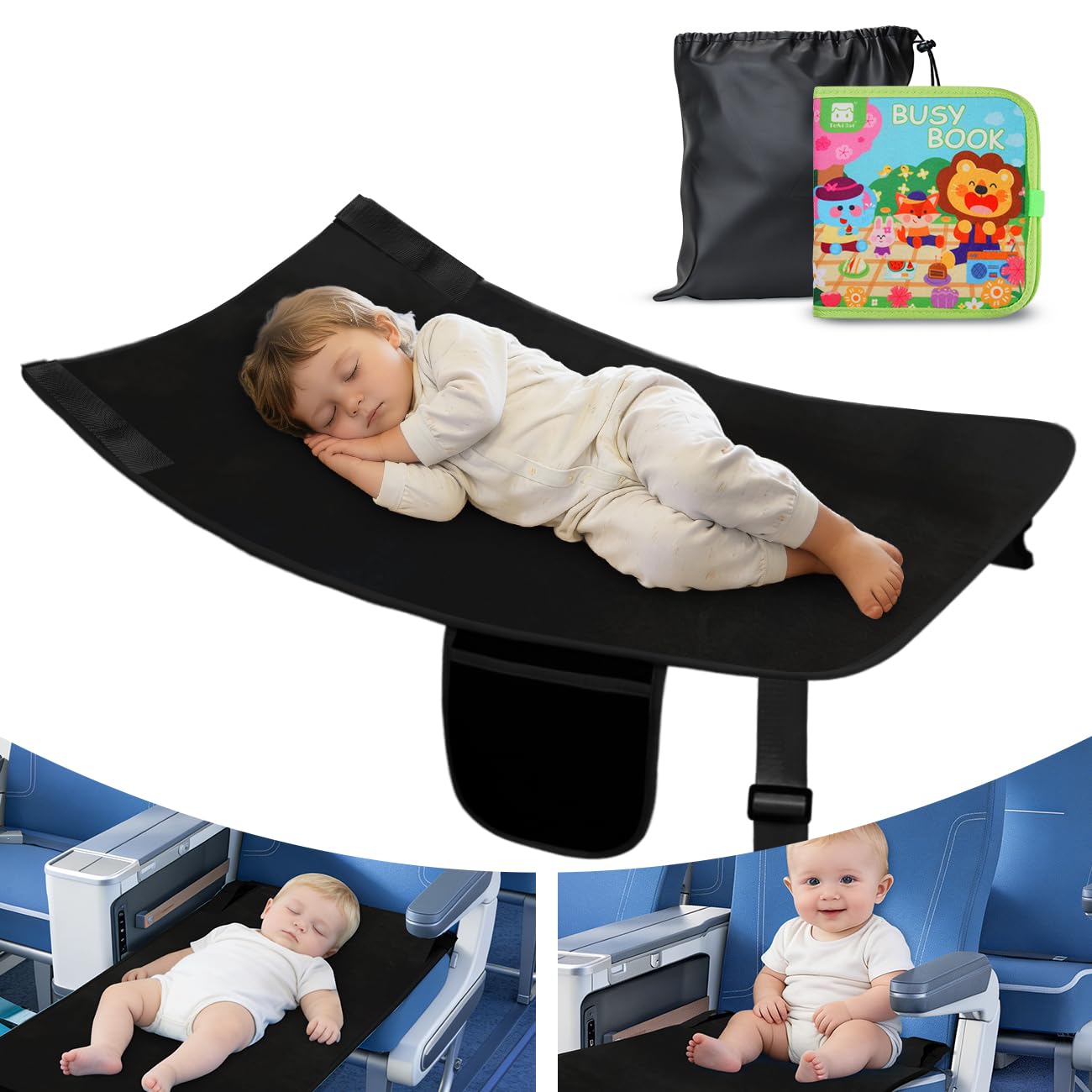 Toddler Airplane Bed, Airplane Bed for Toddler with Busy Book, Black | Airplane bed for kids with soft velvet top, non-slip backing, washable cover, and seat extender support for long flights. Carbon Black