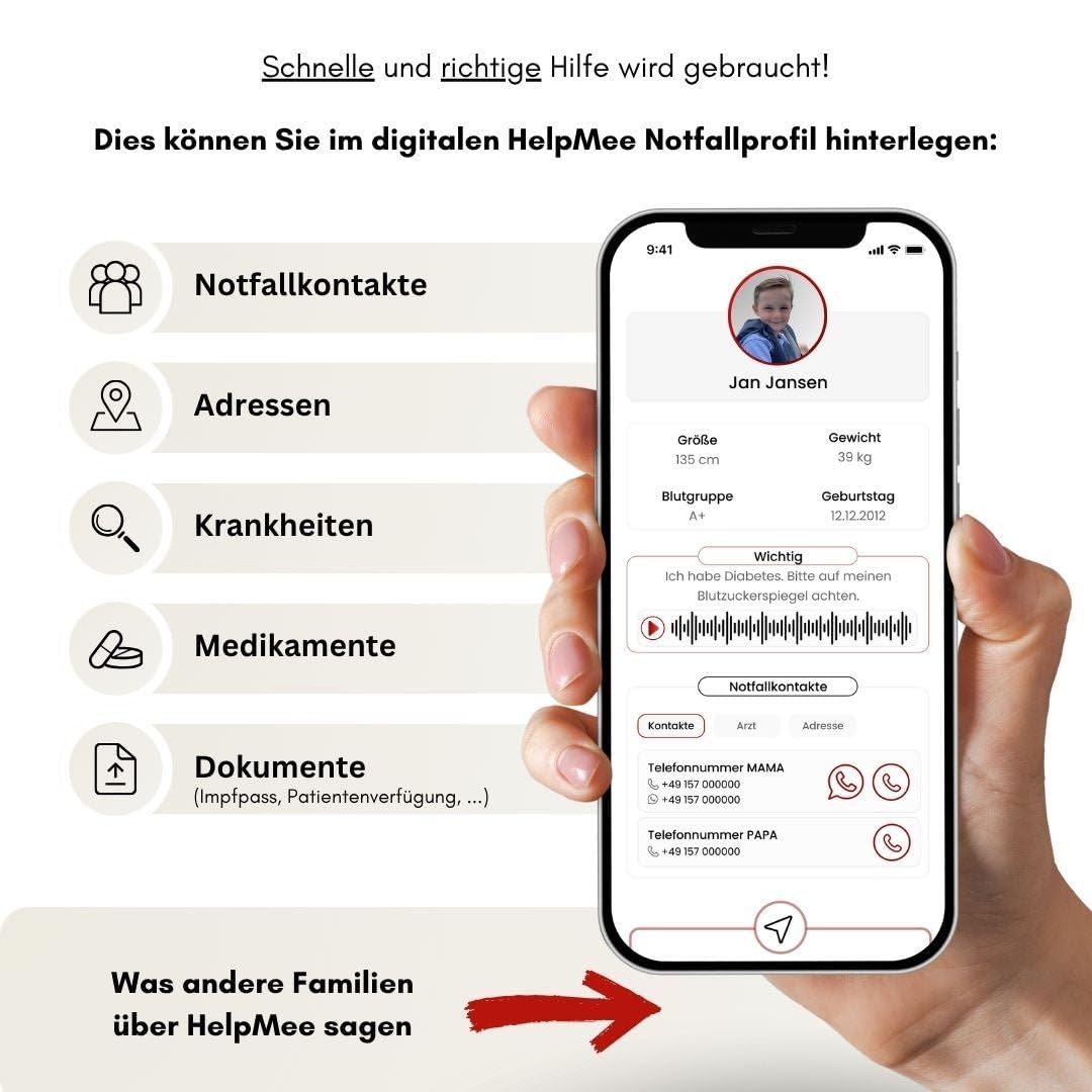 SOS Notfallkarte mit Notfallprofil – NFC & QR Code – deutsche HelpMee® Marke – Für Senioren, Sportler, Urlaub, Ausflüge – weltweit abrufbare Infos mit allen Smartphones