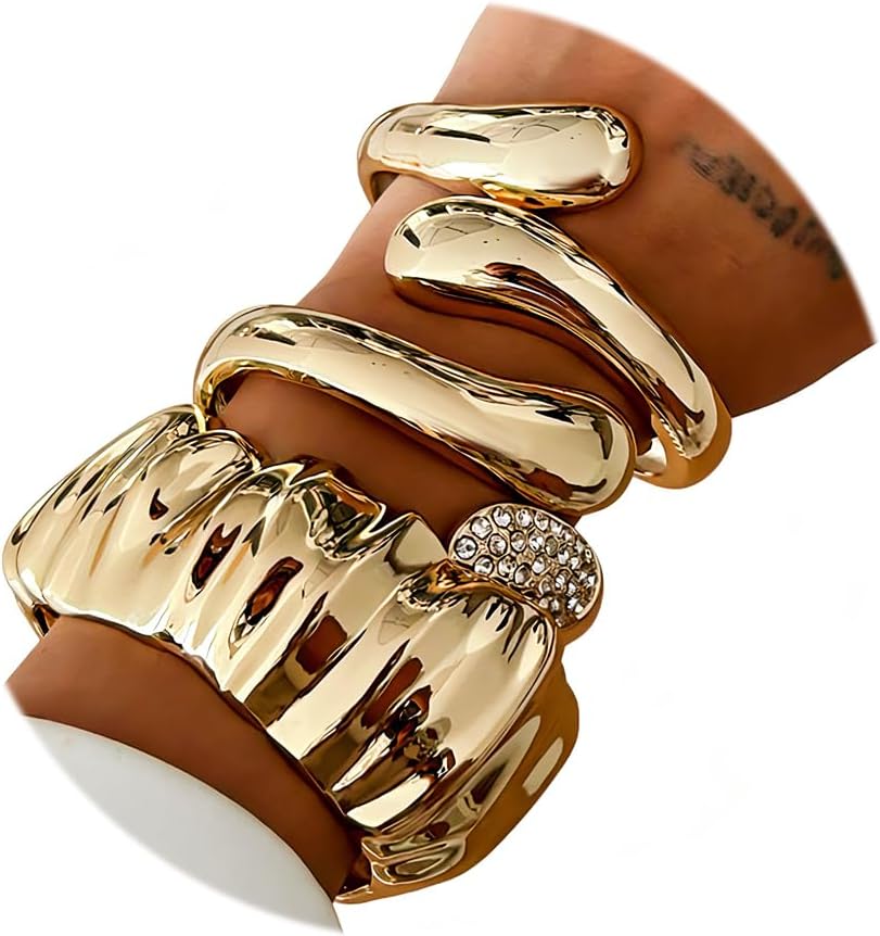 CJIAYUJEW 3Pcs Big Chunky Gold Bangle for Women Silver Cuff Wide Bracelet Trendy Teardrop Wire Irregular Minimalist Jewelry