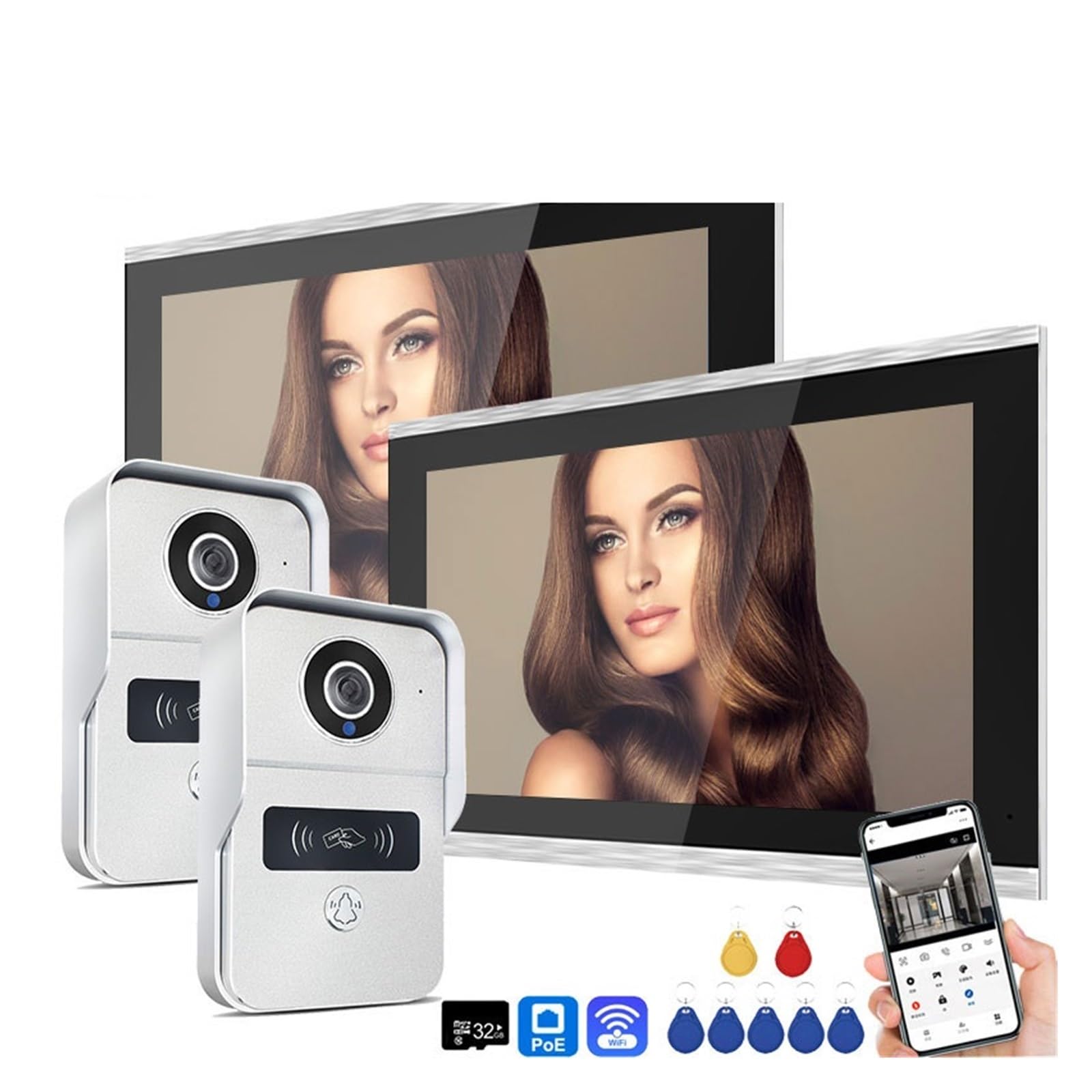 2MP 1080P Videocitofono da 10 pollici Touch Screen Big Tuya Wireless POE Campanello cablato for controllo accessi RFID Villa Flat(1v2)