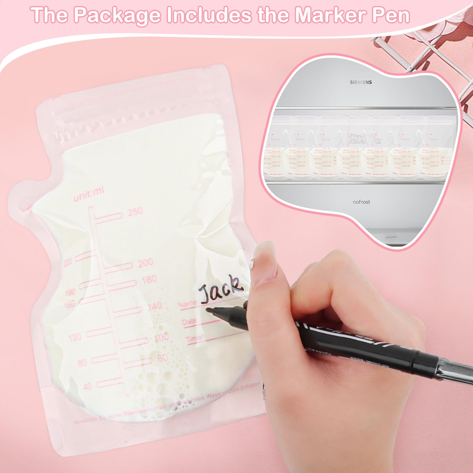 120 Pièces Sachets Conservation Lait Maternel 250ml Sac Congélation Lait Maternel Double Fermeture Étanche Sac Lait Maternel Congelation Matériau Alimentaire Sans BPA