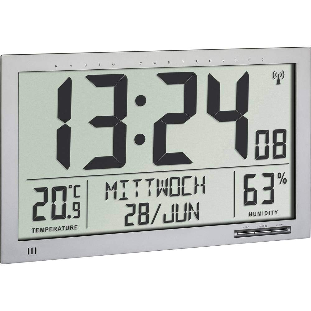 TFA Dostmann 60.4517.54 - Orologio da parete radiocontrollato digitale, misura XL, con indicatore climatico della stanza (argento)