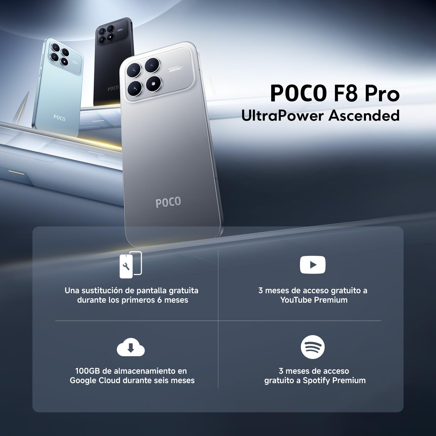 Vista frontal del XIAOMI POCO F8 Pro mostrando su gran pantalla AMOLED de 6.59 pulgadas en color Plata Titanio.