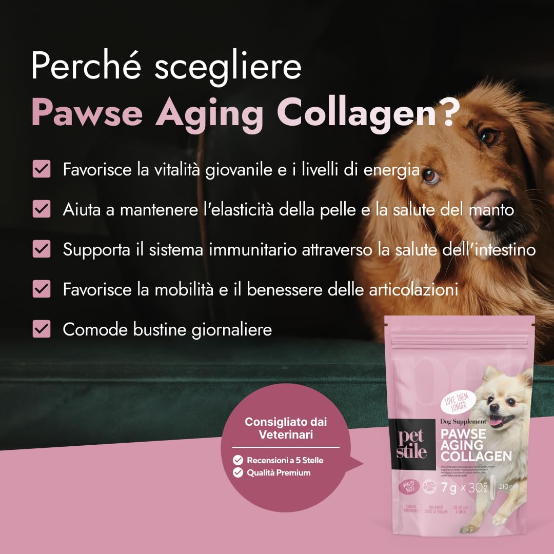 Pawse Aging Collagen – Integratore Anti Età Naturale per Cani con Triplo Collagene, Vitamine e Prebiotici – Per Pelle, Pelo, Articolazioni, Digestione e Immunità (1x 210 g)