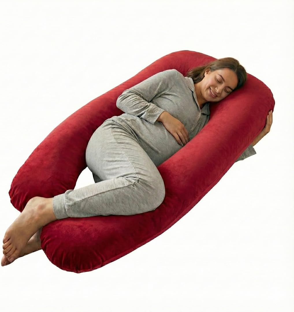 Amazon Basics Full Body Pregnancy Pillow for Maternity,Baby Nursing,Full Body Support-Abdomen,Hip,Spine,Neck&Leg Support Cushion| Perfect Baby Shower Gift | U-Shaped-Washable Cover with Zip - Maroon