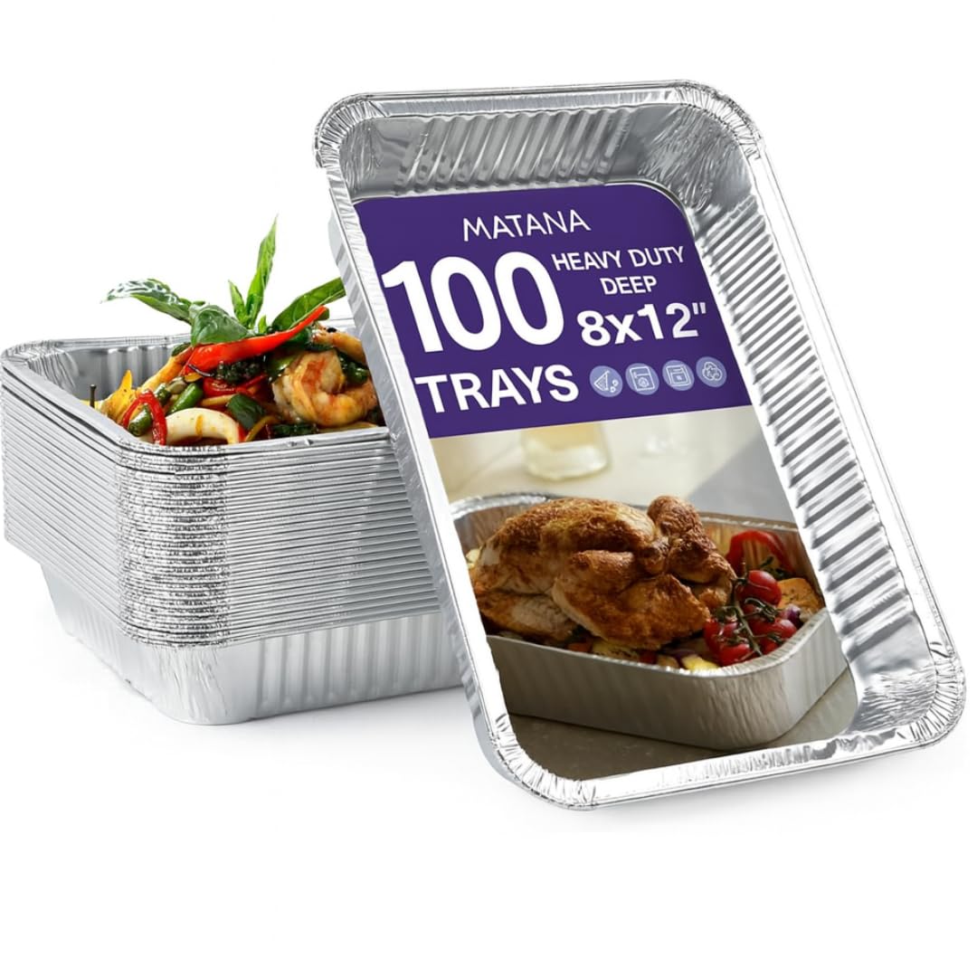 MATANA 100 Heavy-Duty Aluminium Foil Trays - 31×21cm (2000ml) - Roasting & Baking Pans, Baking Tins for Cooking, Meal Prep, Catering & BBQ - Disposable Reusable Food Containers, Oven & Freezer Safe — image 1