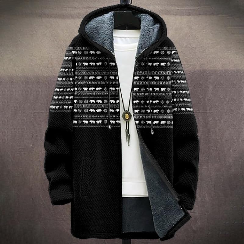 Mens Hooded Cardigans Warm Sherpa Fleece Fair Isle Pattern Sweatshirts Loose Casual Fall Winter Jacket Coat - Image 3