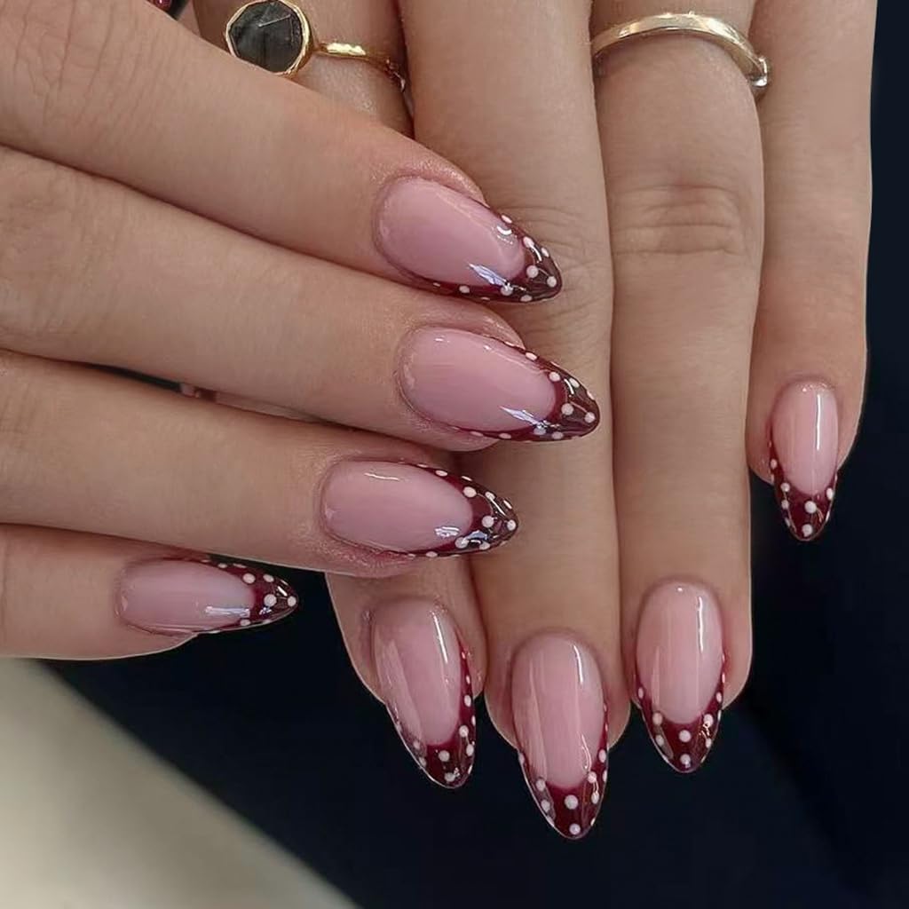 Wine Red French Tip 24PCS White Dots Almond Shaped ABS Fake Nails Comfort Fit