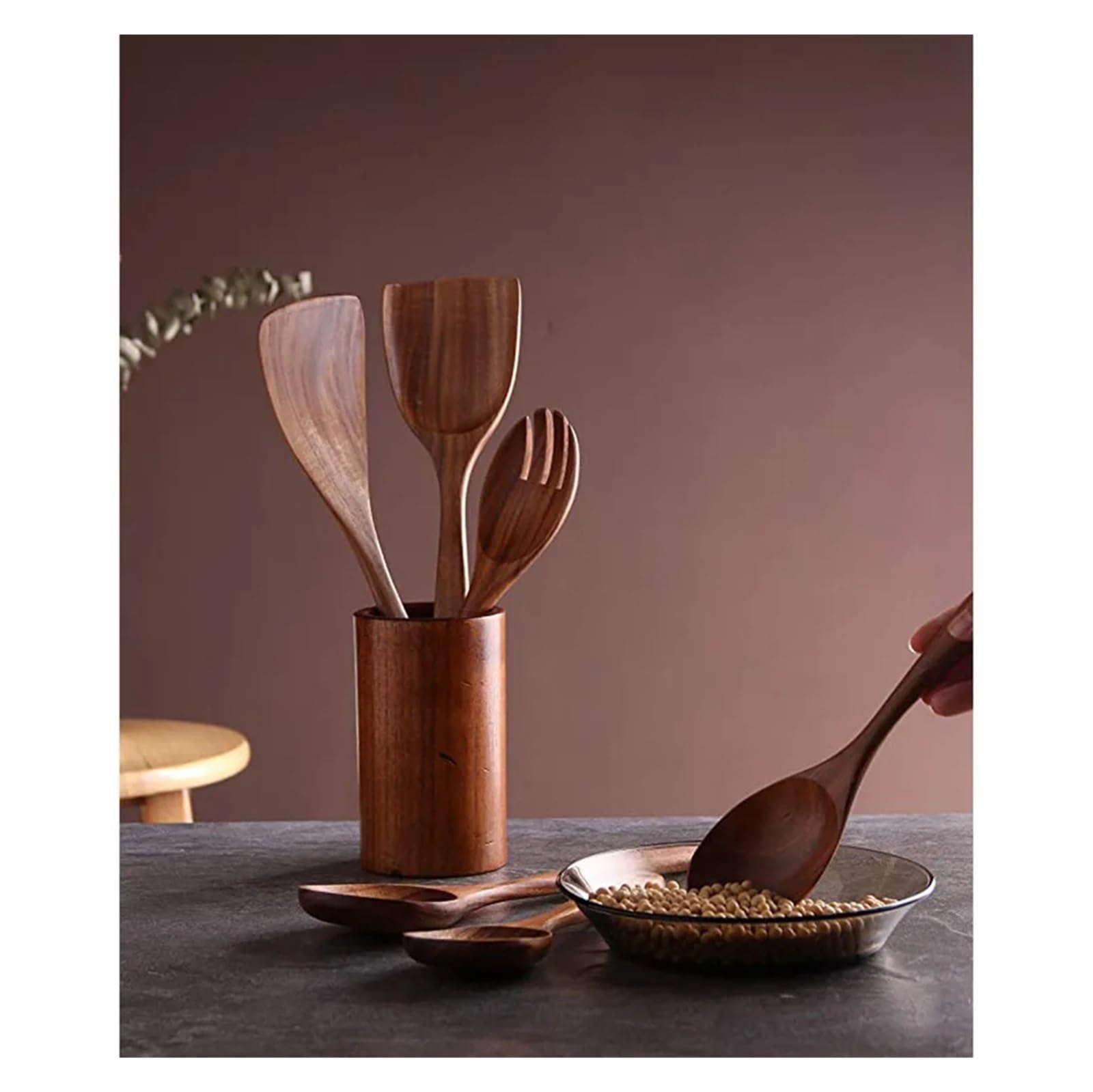 Juego de utensilios de cocina de madera, sartén antiadherente, cucharas y espátulas de madera.(6pcs)