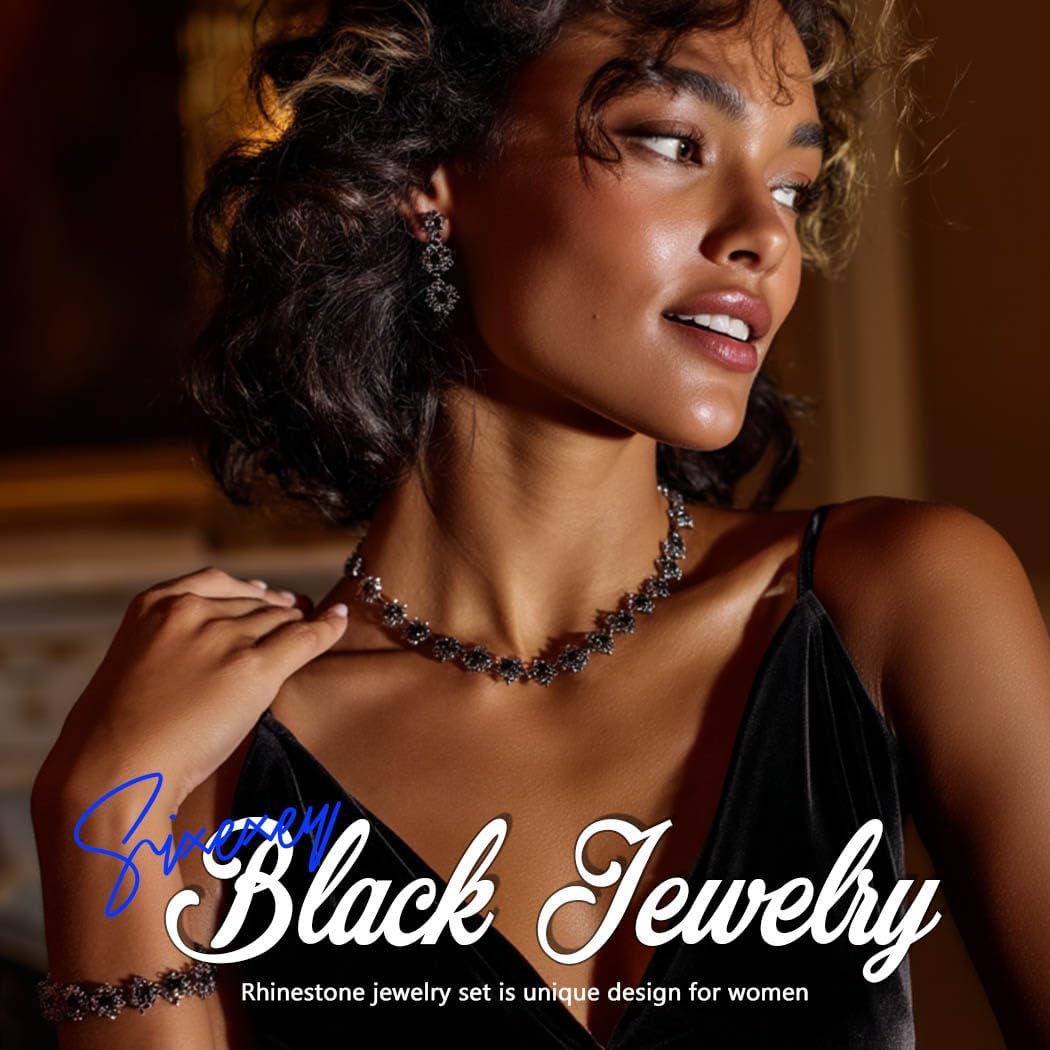 Sixexey Black Jewelry for Women Rhinestone Necklace Earrings Bracelet Sparkly Costume Neck Jewelry for Prom - Image 7