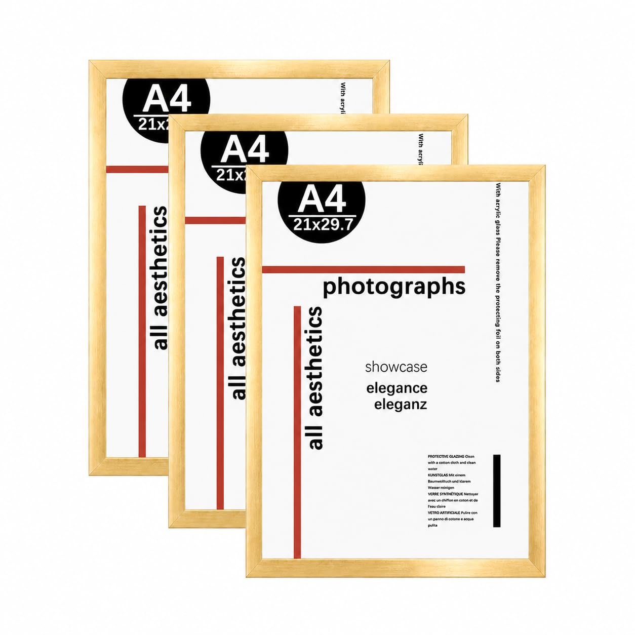KAIWIN A4 Picture Frame Set of 3, A4 Gold Picture Frames 21x29,7 cm, Photo Frame with Acrylic Glass for Stand Tabletop or Wall Hanging