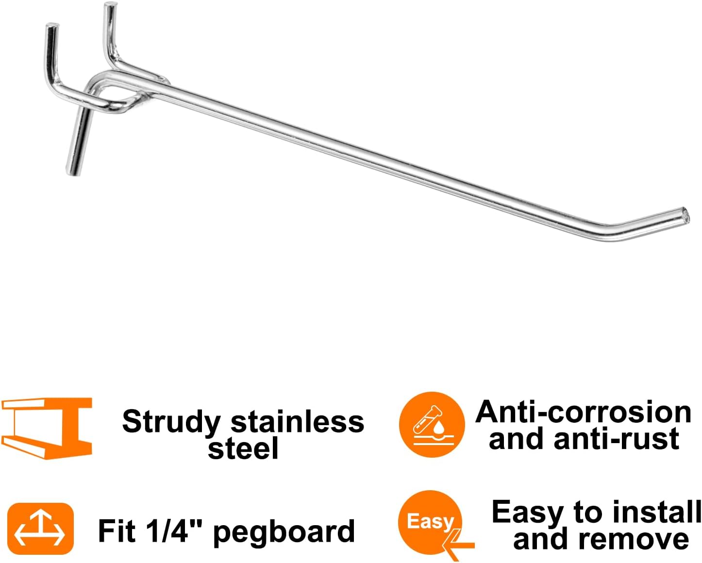 50 Pieces Pegboard Shelf Hooks 6" Stainless Steel Display Hook for Perforated Board Workbench Holder Garage Kitchen Shop Silver