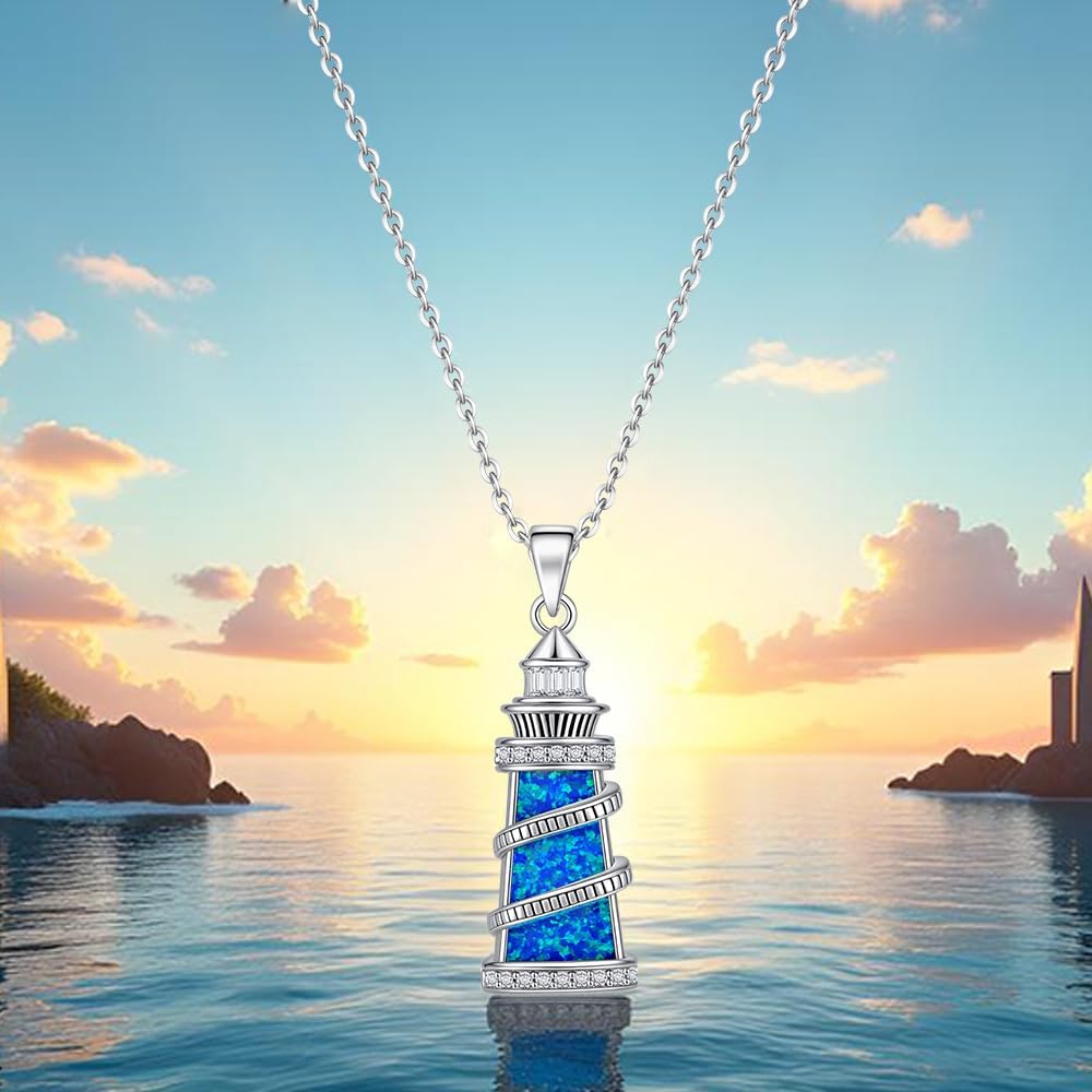 Lighthouse Necklace for Women S925 Sterling Silver Lighthouse Pendant Blue Opal Jewelry Gift for Women Birthday Graduation Halloween Christmas Thanksgiving - Image 3