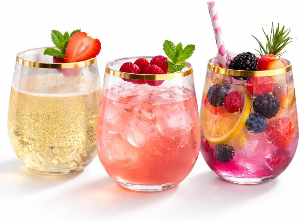 Oojami 36 Pack Disposable Plastic Wine Glasses Gold Rim 12 Oz - Stemless Clear Cocktail Whiskey Cups, Shatterproof Unbreakable for Wedding Party