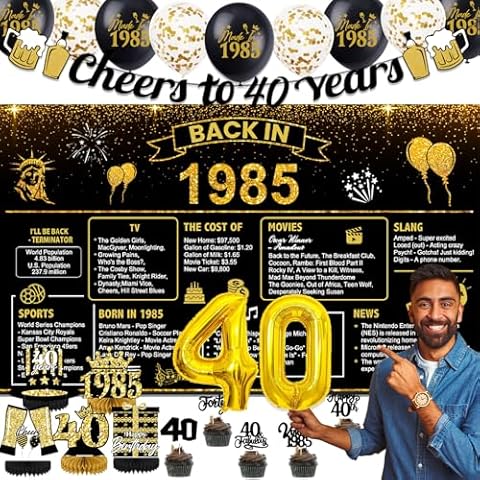 40th Birthday Decorations for Men Women,Vintage 40 years old birthday decorations with Birthday Banner Back in 1985 Backdrop Happy 40th Birthday Banner Cover