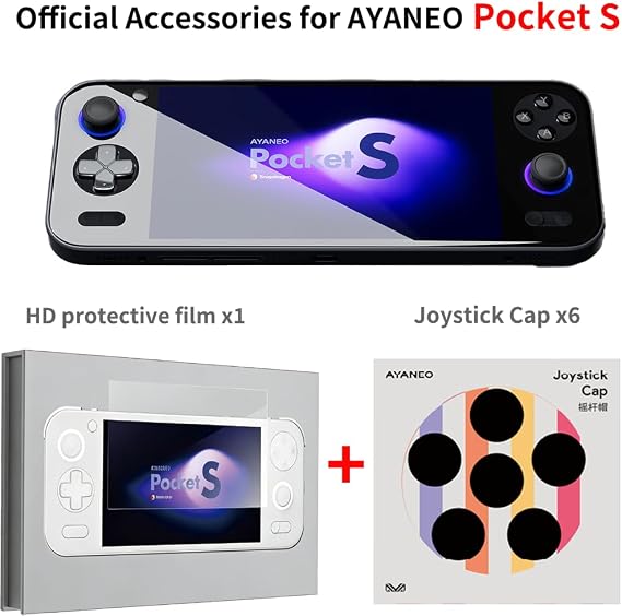AYANEO Pocket S Official Tempered Glass Glass Screen Protector and Joystick Cap, Anti-Fingerprint Bubble-Free,Silicone Analog Joystick Cover Thumb Stick Cap 6pcs