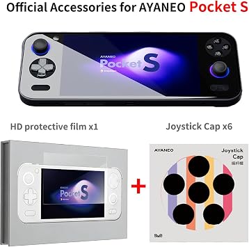 AYANEO Pocket S Official Tempered Glass Glass Screen Protector and Joystick Cap, Anti-Fingerprint Bubble-Free,Silicone Analog Joystick Cover Thumb Stick Cap 6pcs