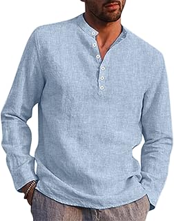 Men's Slim-Fit Long-Sleeve Henley Shirt Summer Classic Cotton Long Sleeve T-Shirt Casual Shirt Tops for Men Linen Cotton Henley Shirt Casual Long Sleeve Beach Shirt Short Sleeve Fashion Tops