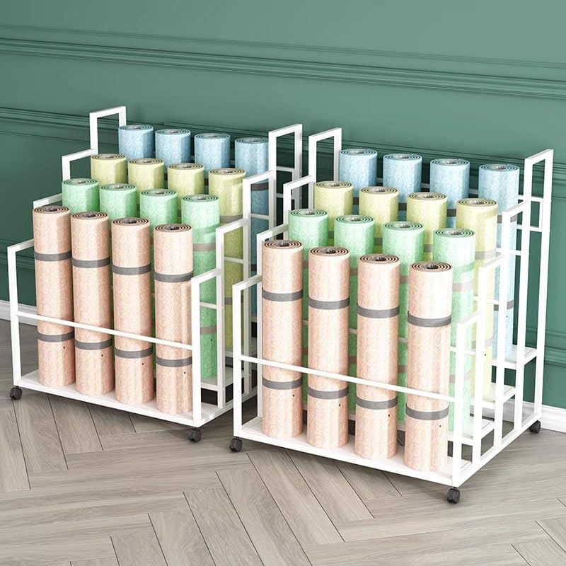 Supporto per Tappetino da Yoga con Ruote, Organizer Portatile per Attrezzi da Allenamento per Manubri, Kettlebell E Bande Elastiche, Soluzione Salvaspazio per L,White-120x43x80cm