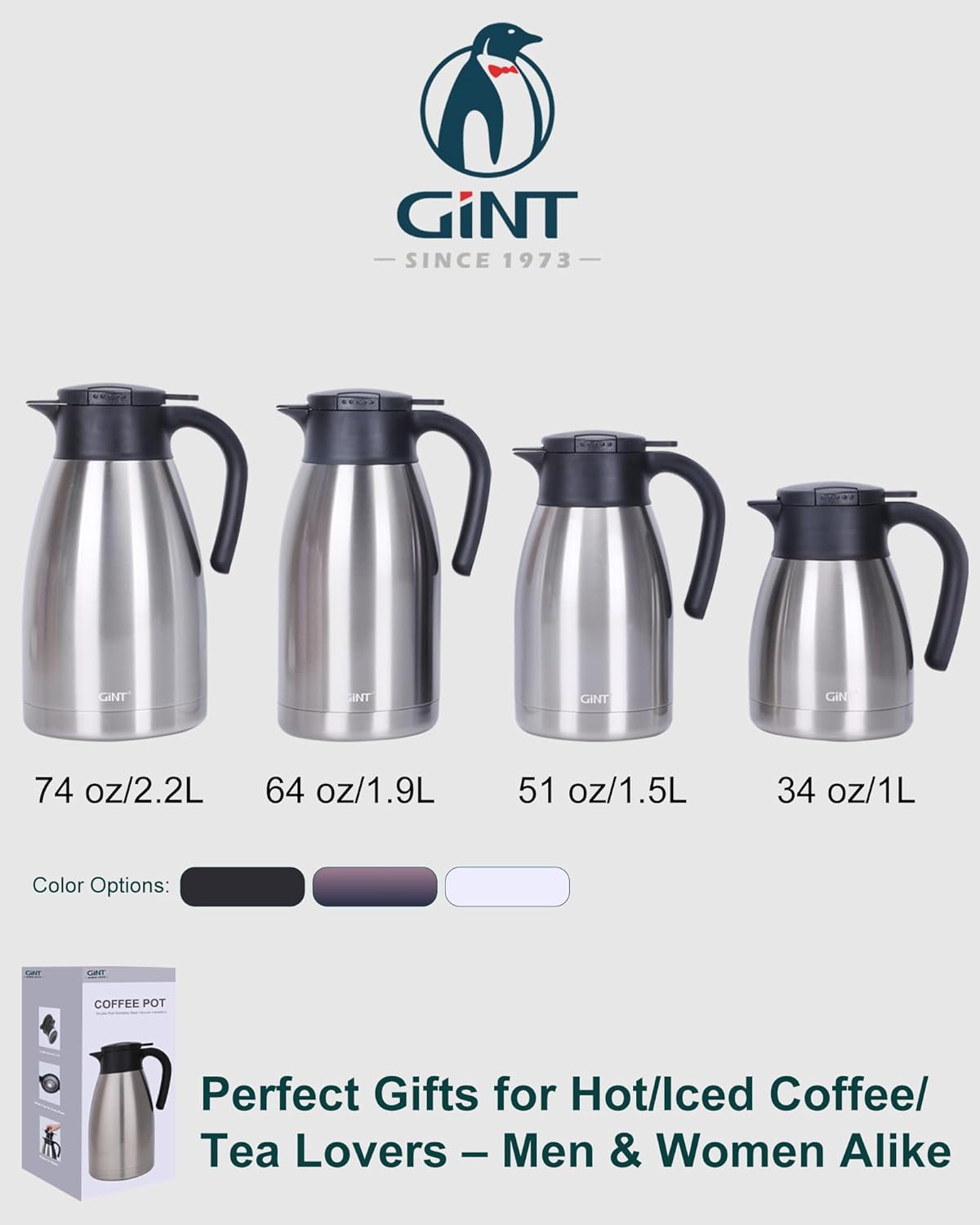 GiNT 34Oz Thermal Coffee Carafe, Insulated Stainless Steel Coffee Carafes for Keeping Hot/Double Walled Vacuum Coffee Carafe (Silver, 1L) - Image 9