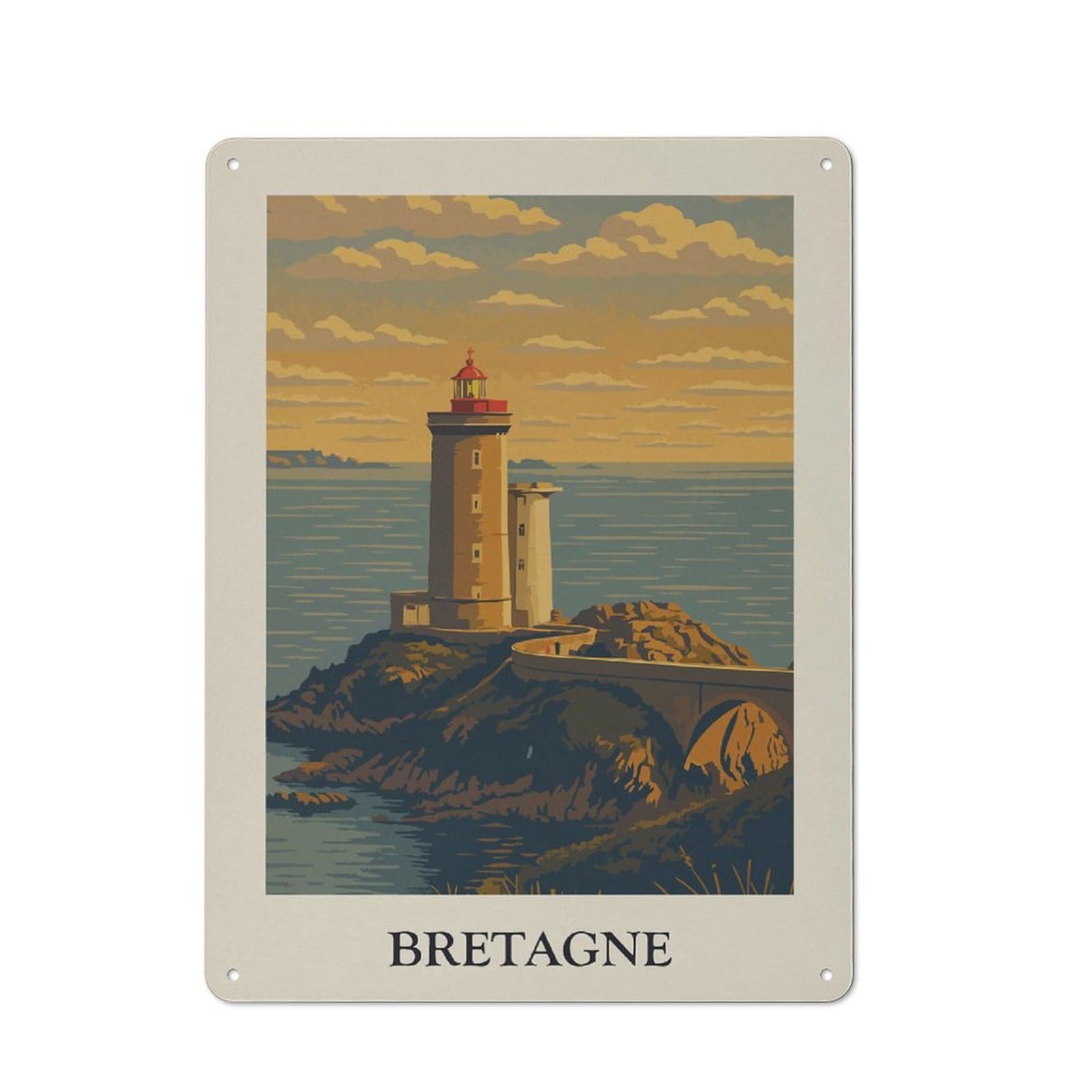 Classic Bretagne Lighthouse Coastal Scene Metal Wall Plaque 40x30cm, Nostalgic Wall Art for Living Room, Hallway, Kitchen Or Cafe