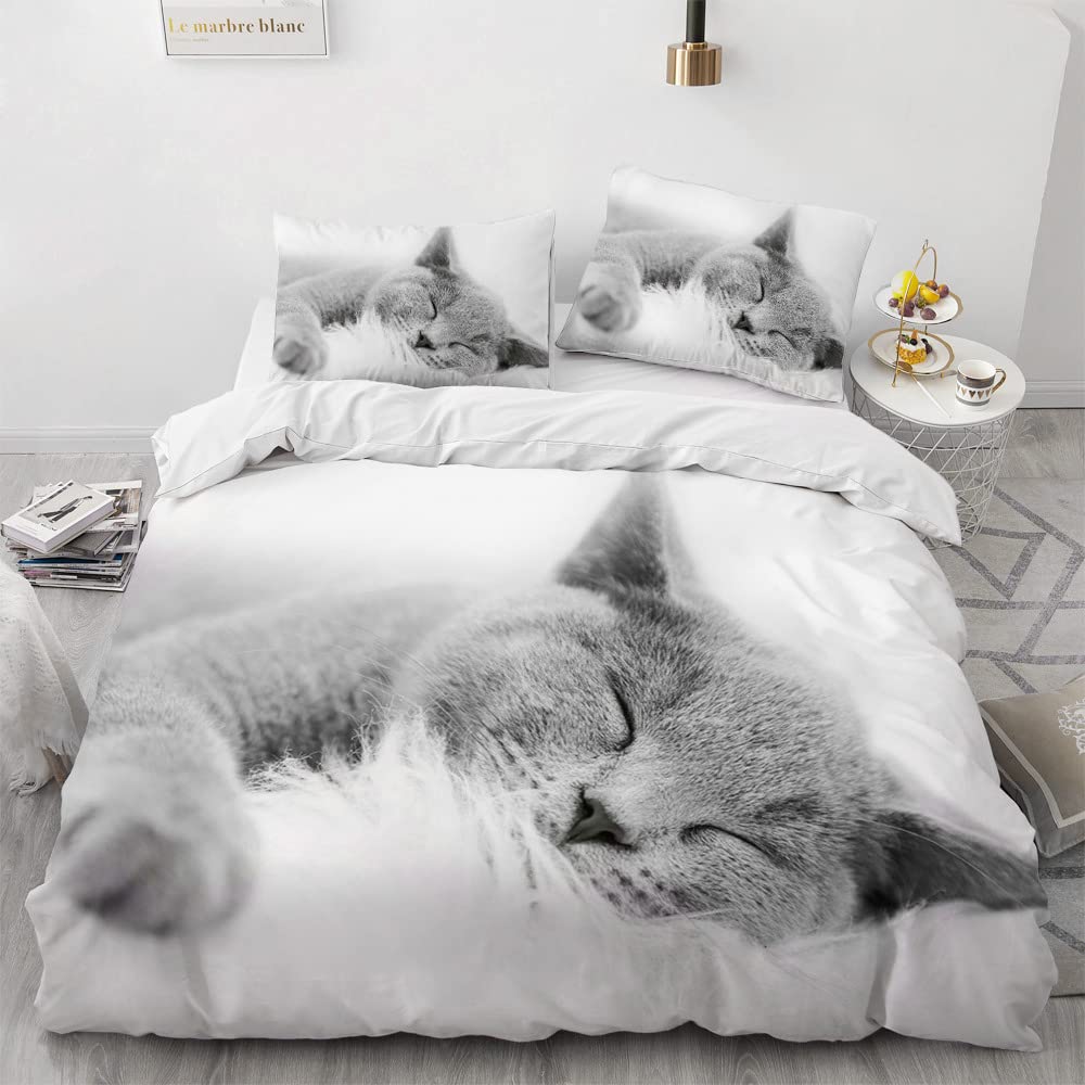 AOXHFNV Cute Cat Duvet Cover 3D Cat Motif 3-Piece Bedding Set Suitable for Children Bedding Set 135 x 200 cm with 2 Pillowcases (220 x 240 cm, Grey)