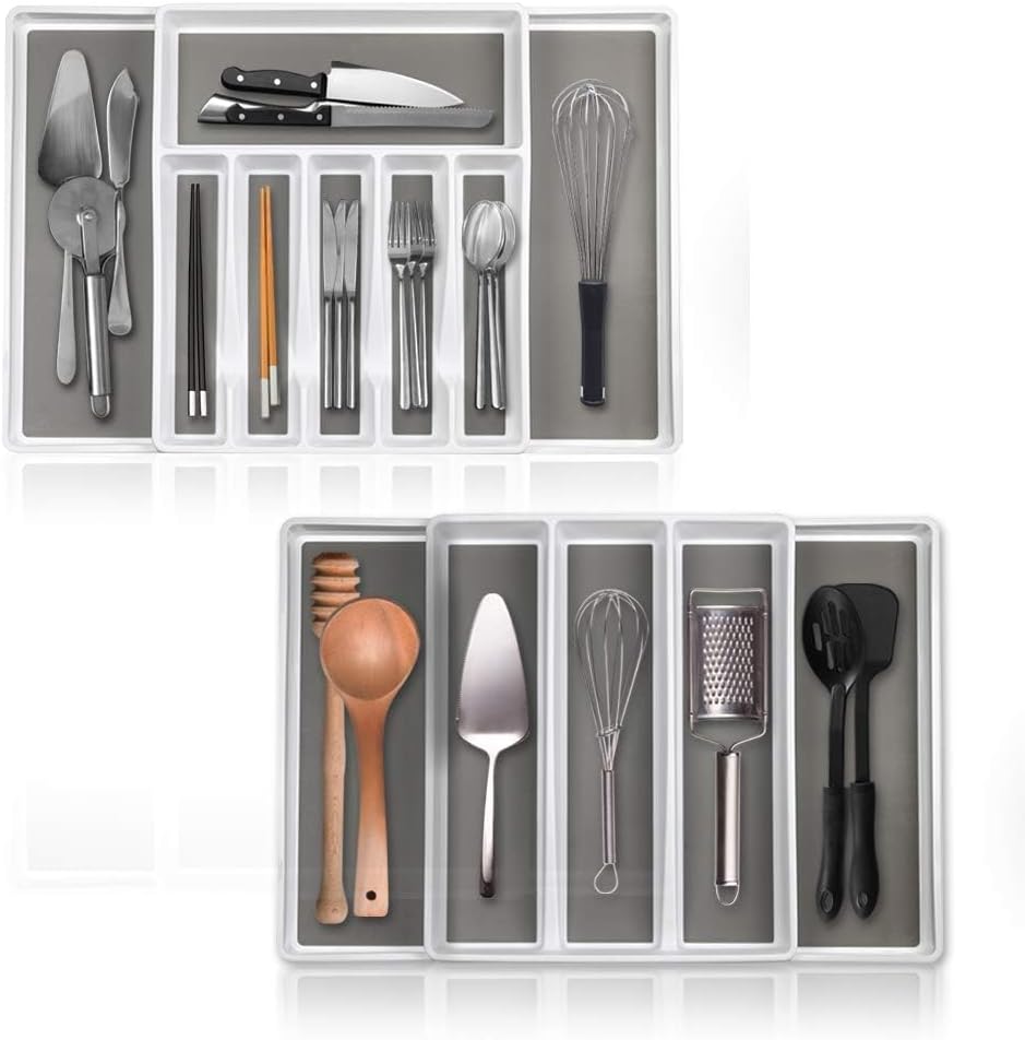 ELTOW Expandable Silverware Drawer Organizer & Utensil Tray Set, Non-Slip Kitchen Drawer Organizers and Storage, White