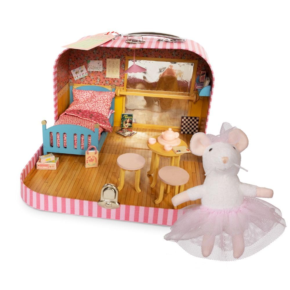 Mouse Mansion To Go – Mini Ballet Room DIY Dollhouse in a Suitcase & Ella Ballerina 12 CM Plush Mouse | Wooden Furniture, Handmade Bedding & Mini Tea Set | Craft Kit & Play for Kids | Travel Friendly