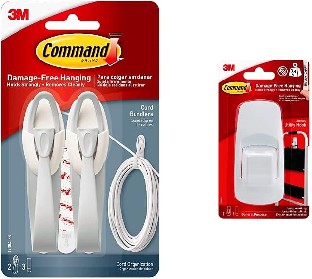 3M Cord Bundlers with Command Strips, White & Command Jumbo Hook with Strips - White, Pack of 1