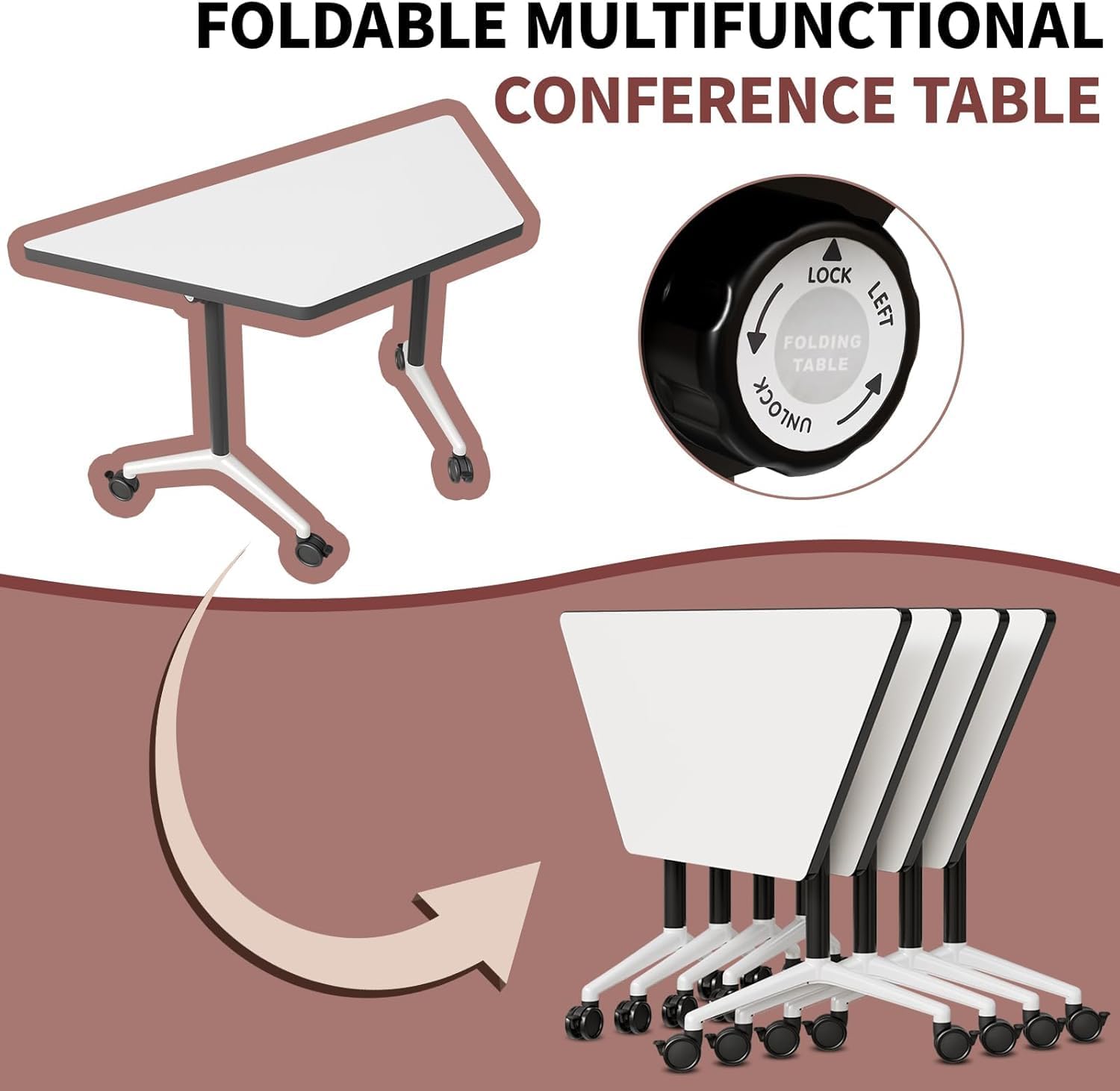 Conference Room Tables, 10 Pack Folding Conference Table with Wheels, Heavy-Duty Foldable Modular Training Tables Narrow Mobile Rolling Meeting Table for Office Classroom (White, 47.2in)