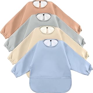 4 Pack Long Sleeve Baby Bibs Waterproof Long Sleeved Bib Baby Eating Smock Bib Feeding Baby Bib with Sleeves Baby Shirt Bib with Food Catcher Soft Art Smock Bibs for Babies Toddlers 6-36 Months