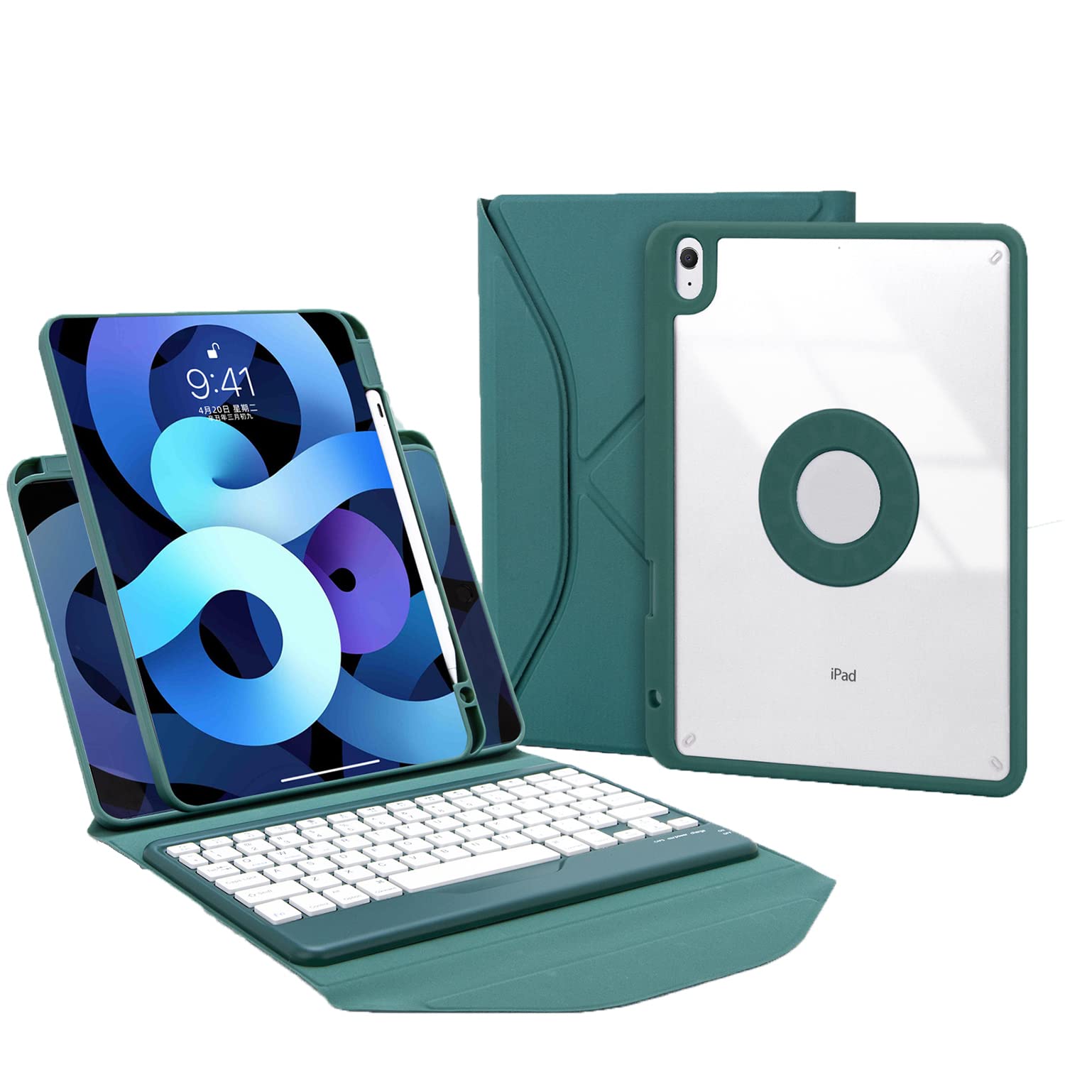 Custodia Con Tastiera Per iPad 10.2 9a/8a/7a Gen 2021/2020/2019 iPad Air 3 Pro 10.5 Con Portapenne Rotazione A 360 Gradi Custodia Trasparente 2 In 1 Con Tastiera Italiana Bluetooth Rimovibile,Verde