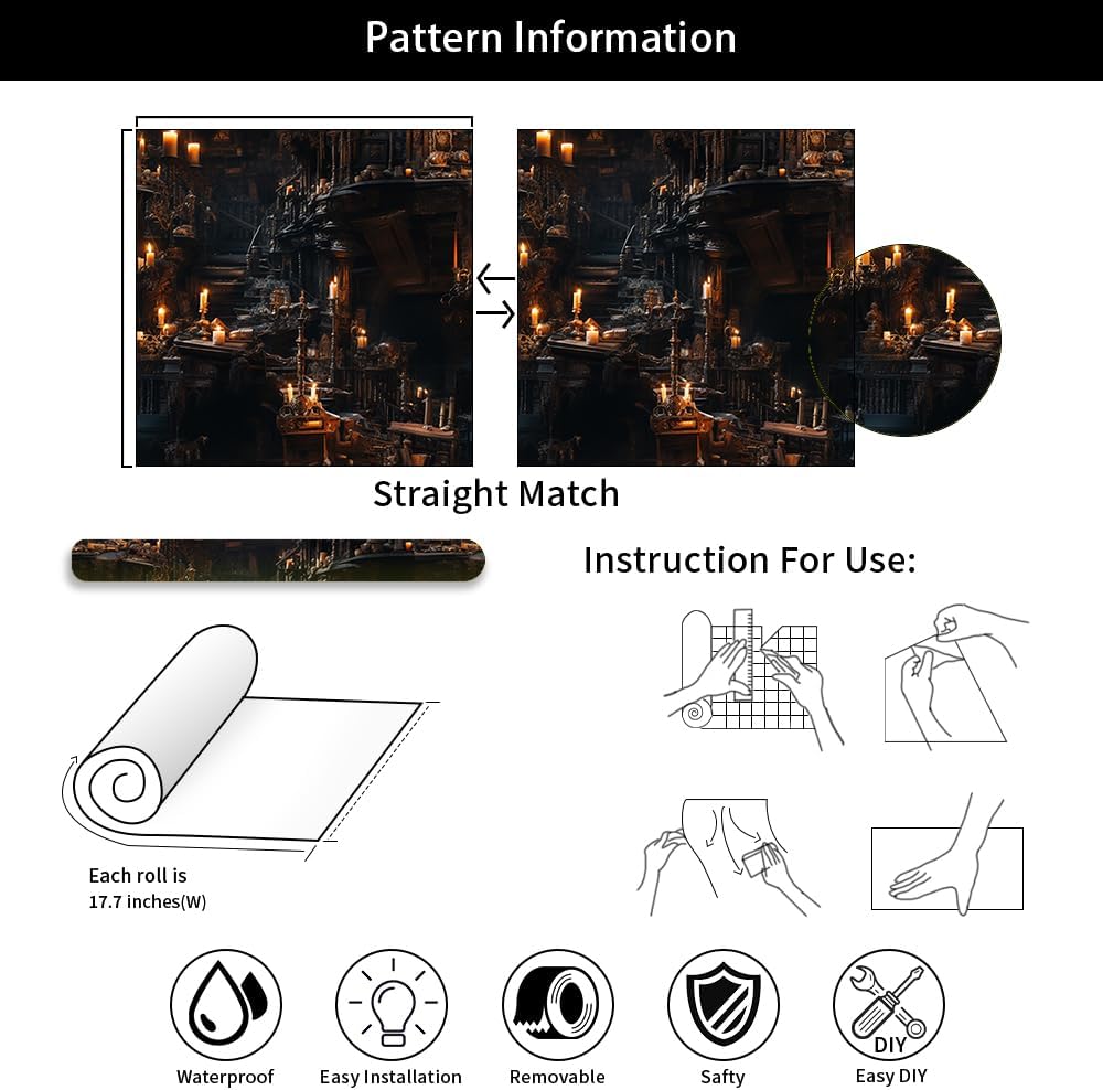 18"x236" Dark Gothic Old Castle Peel and Stick Self Adhesive Wallpaper Removable Contact Paper Stick on Easy Peel Off Wall Paper for Kitchen Bedroom Bathroom Renter