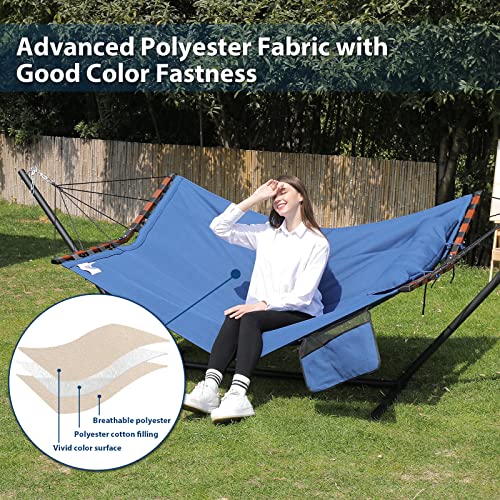 TegerDeger 12FT 2 Person Hammock with Stand Included 55 x 79IN Large Hammock 450LB Capacity with Hardwood Spreader Bar & Nylon Rope for Outside, Patio, Garden, Backyard, Beach - Deep Blue by TEGERDEGER - Used condition - Image 5