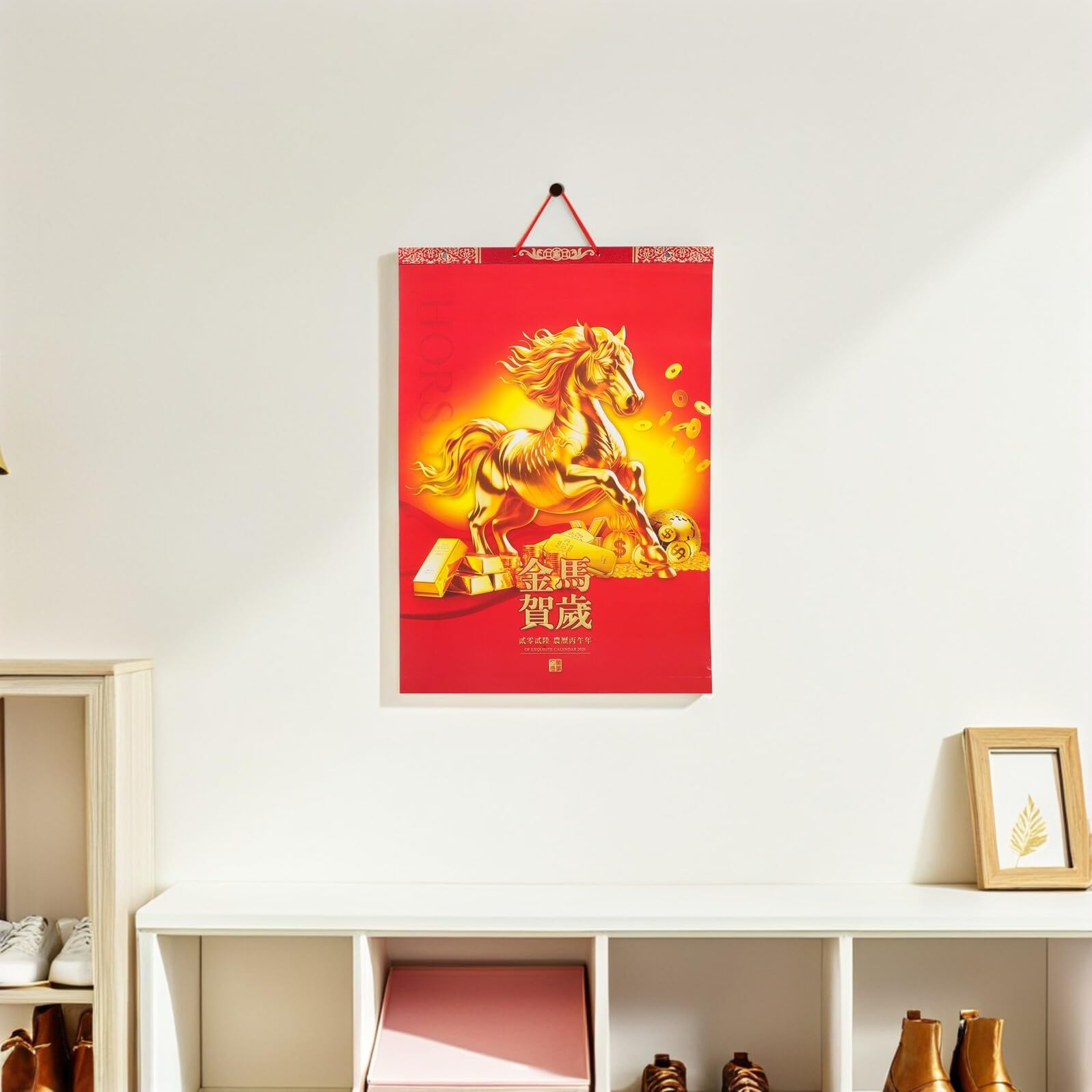 PLAFOPE Calendario de Pared 2026 del Año del Caballo Calendario Lunar Mensual con Fases Lunares Color Rojo Decoración Feng Shui para Oficina Hogar y Escuela