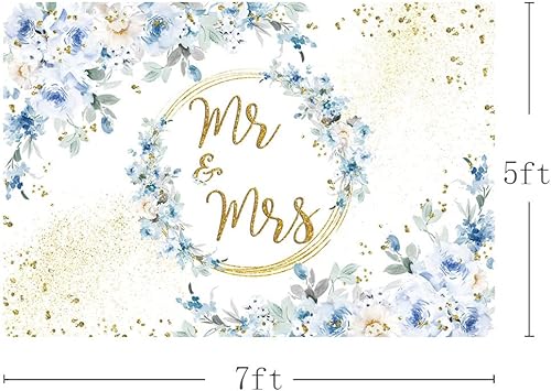 Miniatura 3 de MEHOFOND Telón de fondo floral azul de 7 x 5 pies para decoración de fiesta de compromiso para parejas, bodas, puntos dorados con purpurina, fondo