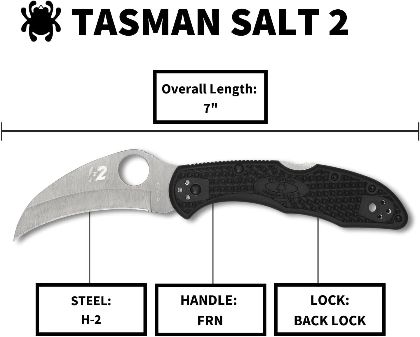 Spyderco Tasman Salt 2 Lightweight Knife with 2.91" H-1 Ultra-Corrosion-Resistant Steel Blade and Black FRN Handle - PlainEdge - C106PBK2