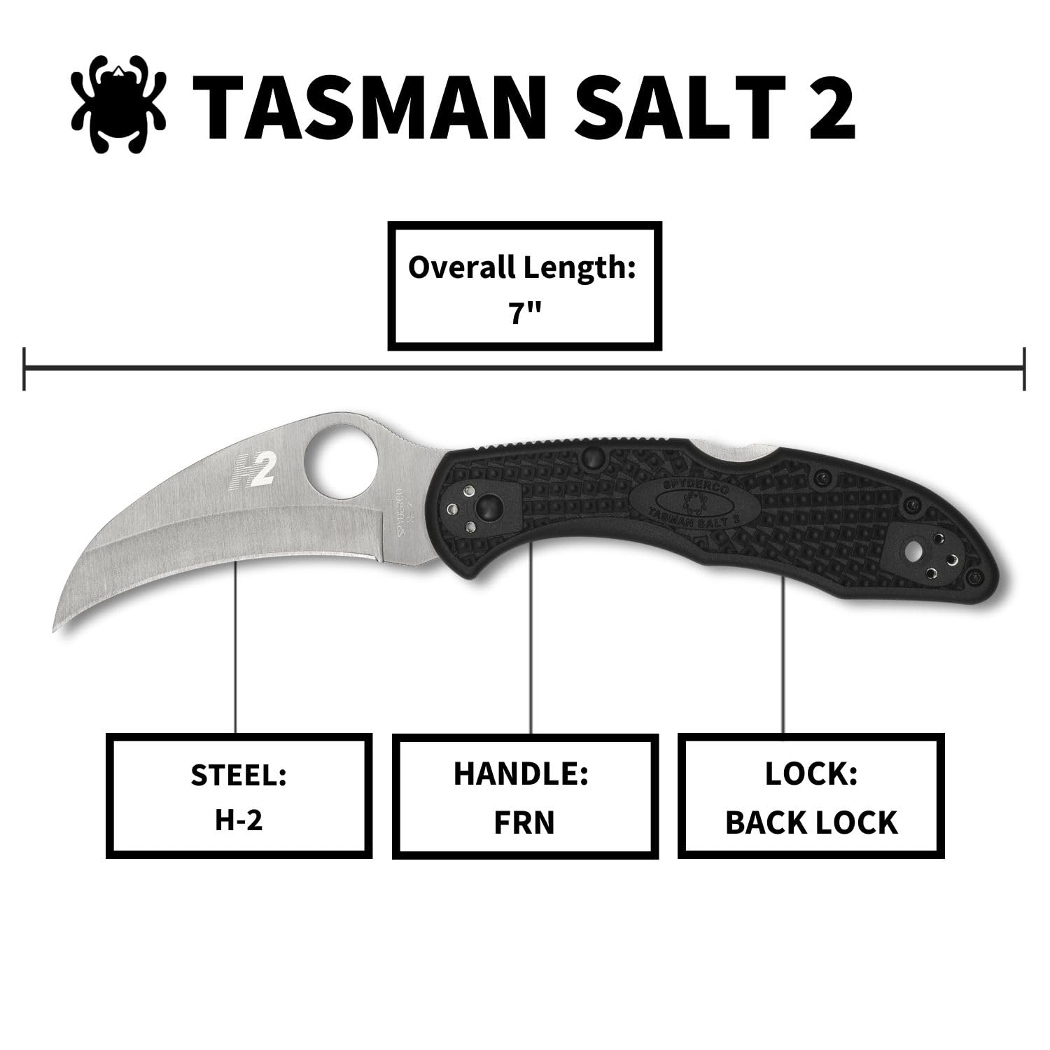 Spyderco Tasman Salt 2 C106PBK2 - Coltello leggero con lama in acciaio H-1 ultra resistente alla corrosione da 7,4 cm e manico nero FRN