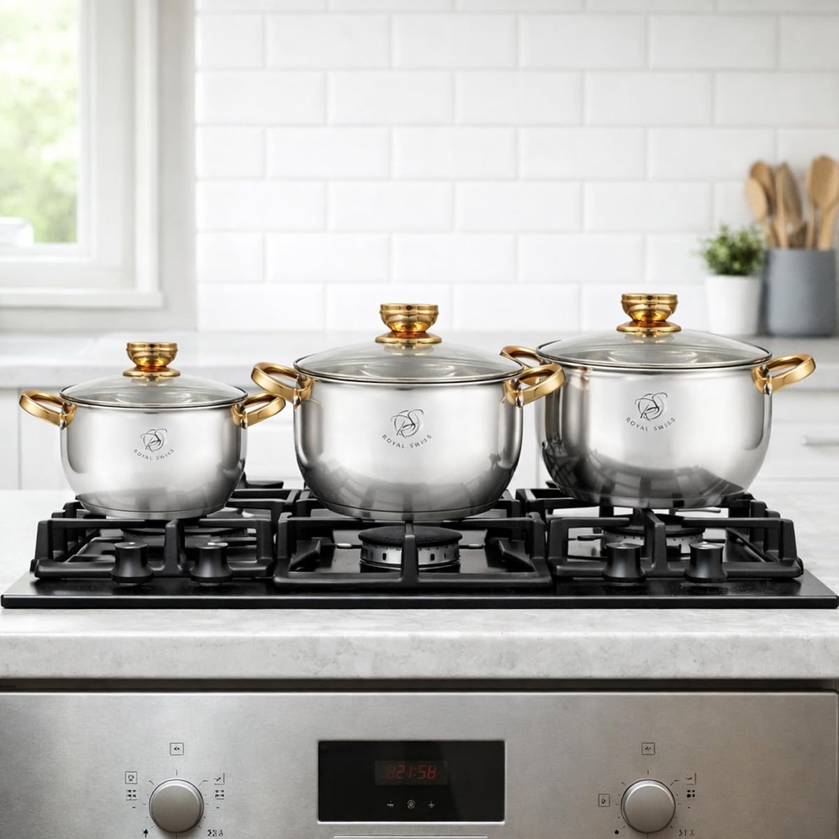Royal Swiss® Batterie de Cuisine Inox 10 Pièces – Casseroles & Poêles avec Couvercles en Verre – Tous Feux – Acier Inoxydable Durable (6 pcs Gold)