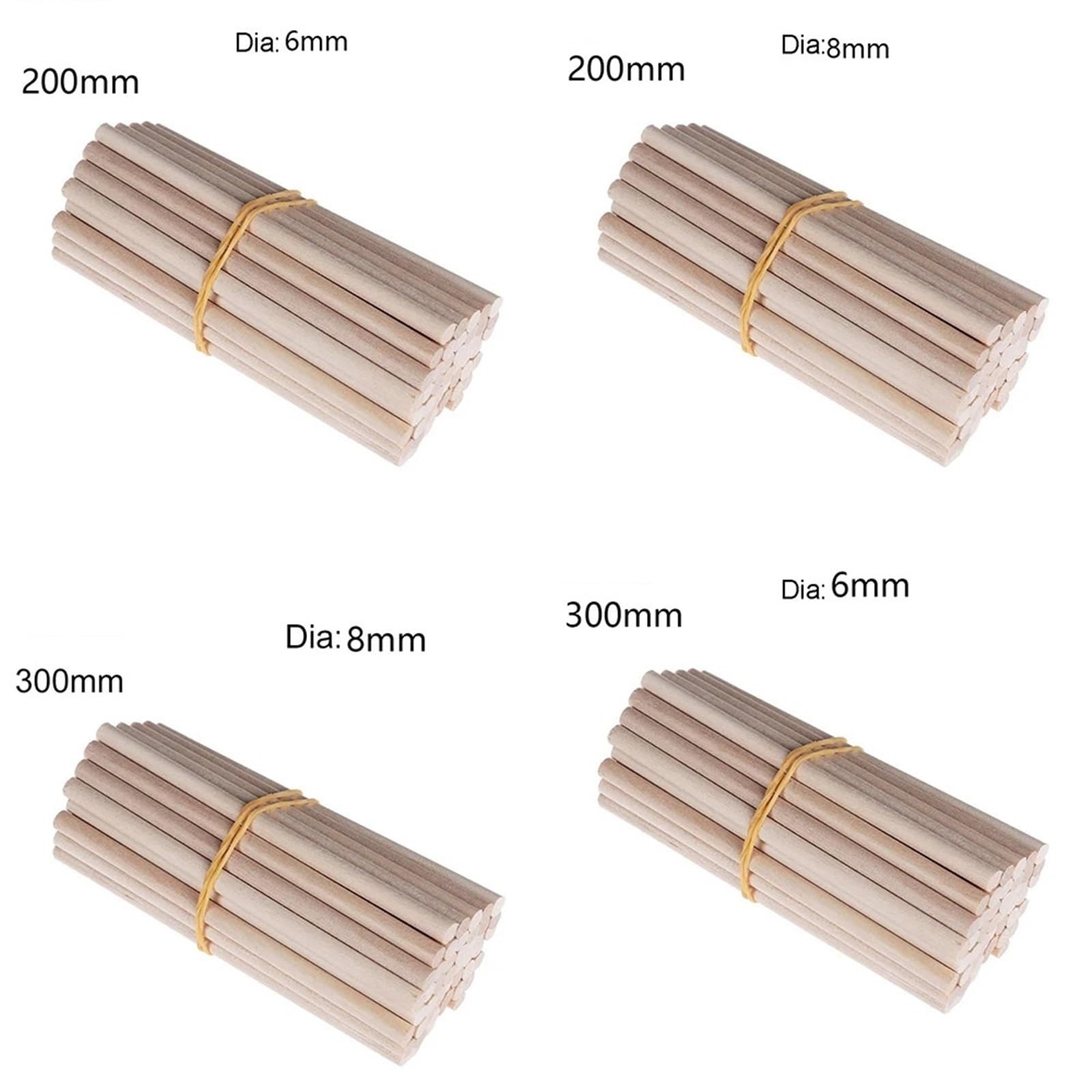 Bâtonnets en bois, Chevilles en bois de bouleau, paquet 100, 6-8mm x 200-300mm, for bricolage, artisanat, modèle construction, travail du(6x300mm)