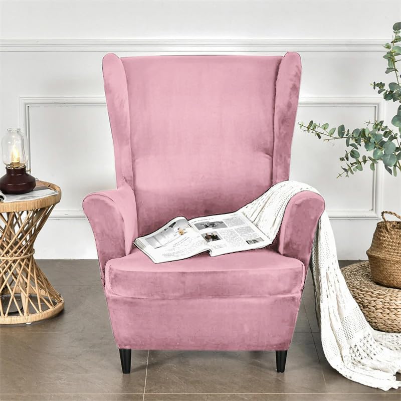 Image of HOKIPO 210 GSM Premium Velvet Stretchable Wingback Chair Cover, Pink (AR-4761-PNK)