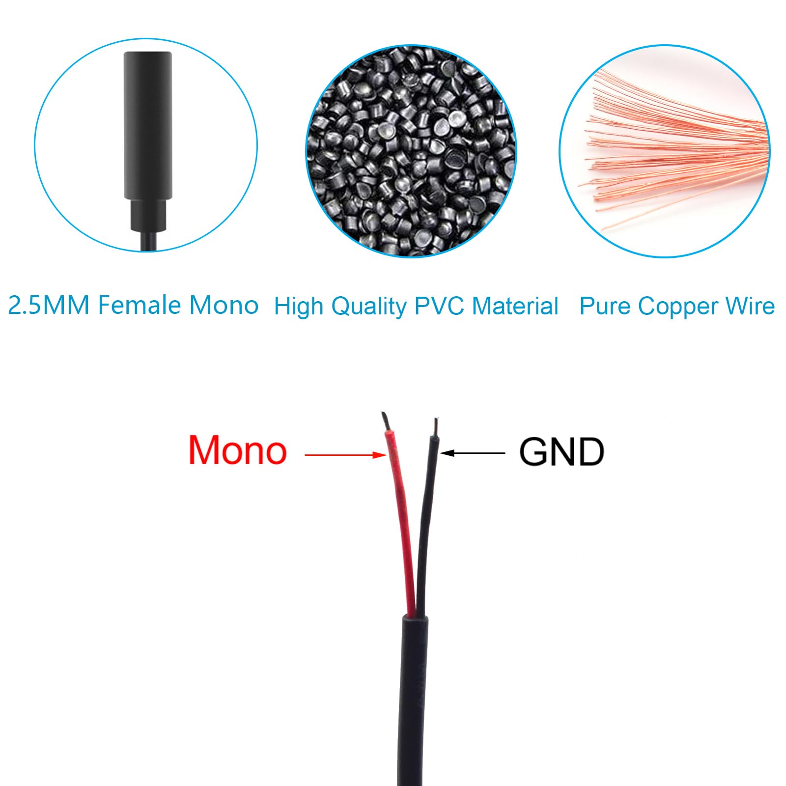 3 cavi di prolunga da 2,5 mm femmina a filo nudo da 2,5 mm, TS 2 poli femmina mono da 2,5 mm per cavo di ricambio da 2,5 mm